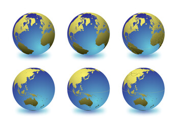 Wall Mural - Set of Earth globes focusing on the North Atlantic (top row) and the East Asia and Oceania (bottom row). Carefully layered and grouped for easy editing. You can edit or remove separately the sphere, t