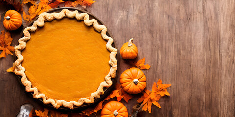 pumpkin pie on wooden table