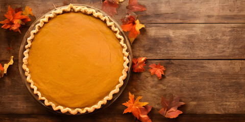 pumpkin pie on wooden table