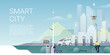 © Anastasiia Neibauer - Clean modern illustration of a smart city with public charging stations, street lighting and drone delivery. People walk and use solar and wind energy
