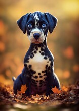 3D-Rendered Great Dane Puppy Playing Outside And Enjoying The Autumn Weather. Computer-generated Image Meant To Mimic Photorealism