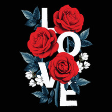 Love You With Bouquet Red Rose Flowers On Isolated Black Background.Vector Illustration Hand Drawing Dry Watercolor Style.For Used T-shirt Pattern Design