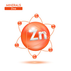 Wall Mural - Minerals zinc atom surrounded by electrons orange. Icon 3D isolated on a white background. Medical scientific concepts. 3D Vector EPS10 illustration.