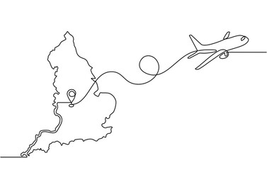 Continuous one line drawing of England domestic aircraft flight routes. England map icon and airplane path of airplane flight route with starting point location in doodle style. Transparent background