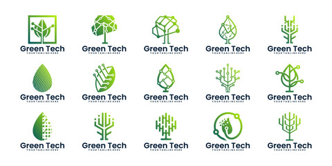 green technology logo design collection, technology leaves, plants, natural technology