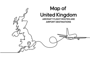 Wall Mural - Continuous one line drawing of United kingdom domestic aircraft flight routes. United kingdom map icon and airplane path of airplane flight route with starting point location. vector illustration