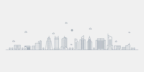 Wall Mural - Cityscape. Modern flat line landscape vector. City landscape line art illustration with building, tower, skyscrapers. Vector illustration.