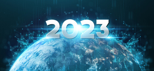 New year; 2023 Digital global futuristic world telecommunication network technology connect data of communication technology including 5g 6g iot element of this image furnished by NASA. 3D rendering