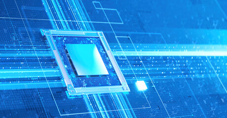 3D rendering of cyberpunk AI. Circuit board. Technology background. Central Computer Processors CPU and GPU concept. Motherboard digital chip. Tech science background.