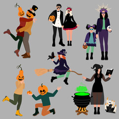 Wall Mural - Crowd of tiny people dressed in Halloween costumes