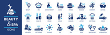 Beauty & Spa Icon Set. Containing Sauna, Aromatherapy, Treatment, Yoga, Skin Care And Wellness Icons. Solid Icons Vector Collection.
