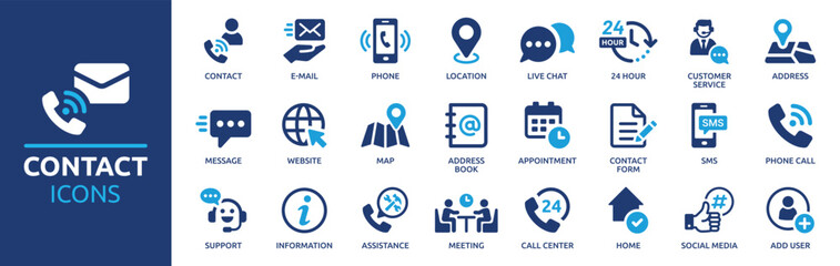 contact icon set. containing e-mail, phone, address, customer service, call, website and more. solid