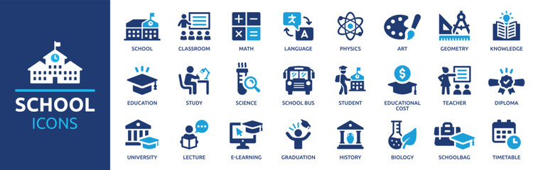 school icon set. containing classroom, students and teacher icons. education and knowledge symbol. s