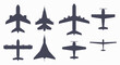 Eight aircraft of different types airplane silhouette. Passenger and military. Jet and propeller. Aircraft top view icon. Flat vector illustration isolated on white background.