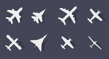 Eight Aircraft Of Different Types Airplane Silhouette With Shadow. Passenger And Military. Jet And Propeller. Aircraft Top View Icon. Flat Vector Illustration Isolated On Dark Background.