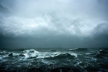 sea wave during storm in the ocean with big clouds and rain.