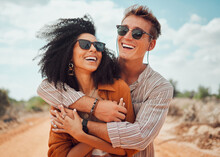 Couple, Happy And Smile Hug In Nature On A Travel, Adventure And Road Trip Outdoor. Happiness Of Traveling Girlfriend And Boyfriend Together In The Summer Sun With Quality Holiday Time In The Dessert