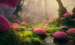 Fantasy fairy tale flower in forest background. Fabulous fairytale outdoor garden with sunlight and fog background. 3D rendering image.