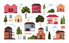 Cute Small City Town House Set. Village Buildings, Doodle Neighbourhood, Tiny Trees, Doors, Windows And Roofs. Countryside Home. Cottages Landscape. Vector Cartoon Flat Collection