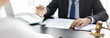 © Puwasit Inyavileart - Attorney or judge provides legal advice to the client in the courtroom, Ethics in the courts include justice and impartiality, Legal consultant, Scales of justice, Law hammer, Litigation and justice.