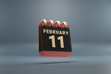 Poster - Standing black and red month lined desk calendar with date February 11. Modern design with golden elements, 3d rendering illustration. Blue gray background..