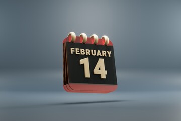 Poster - Standing black and red month lined desk calendar with date February 14. Modern design with golden elements, 3d rendering illustration. Blue gray background..