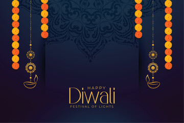Canvas Print - premium shubh diwali greeting card with lantern and flowers design