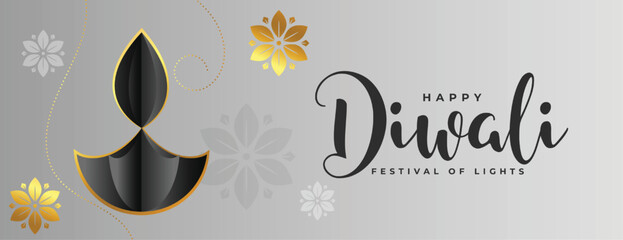 elegant happy diwali holiday grey banner with artistic diya