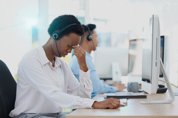 Poster - Headache, stress and burnout call centre woman consultant, telemarketing agent and customer support staff in office. Frustrated, sick and problem consulting worker in pain, mistake and desktop glitch