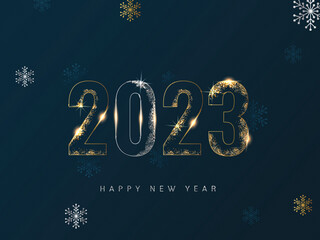 Poster - Golden And Silver Glittering 2023 Number With Snowflakes Decorated On Teal Blue Background For Happy New Year Concept.