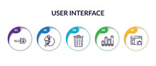 Set Of User Interface Outline Icons With Infographic Template. Thin Line Icons Such As Slim Right Thin Line, Pie Chart Organization Thin Line, Trash Bin 3d Bars Web Crawler Vector.