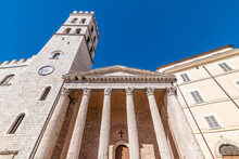 Temple Of Minerva And Torre Del Popolo In The Historic Center Of Assisi, Perugia, Italy
