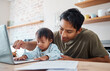 © N Lawrenson/peopleimages.com - Father, down syndrome baby and laptop in the kitchen bonding with child while working at home. Asian dad playing with newborn kid with genetic disorder and helping childhood development in the house