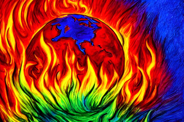 Wall Mural - burning earth globe west hemisphere painted by a child with crayons - children drawing - end of the 