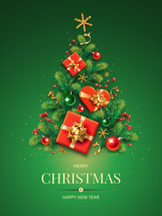 vertical banner with green and red christmas symbols and text. christmas tree with gifts, balls, gol