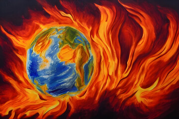 Wall Mural - burning earth globe west hemisphere painted by a child with crayons - children drawing - end of the 