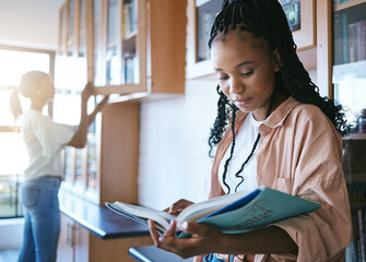 Poster - College student, black woman library and reading books for education, learning and academic knowledge in Brazil. Young african studying exam, research project and information at university bookshelf