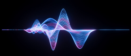 Wall Mural - Illustration of abstract blue pink wireframe sound waves, visualization of equalizer frequency signals audio wavelengths, conceptual futuristic technology waveform background with copy space for text