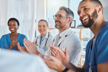 Doctors, nurses and teamwork collaboration clapping after medical presentation, healthcare meeting and hospital medicine success. Smile, happy and excited insurance men and women with winner gesture