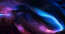 Lilac Blue Black Dark Paint Abstract Background. Dark Purple Violet Ink Splash Wave Spreads Closeup. 4k Sparkling Liquid Footage. Glitter Sequins Shine In Black Acrylic Fluid Art. Space Galaxy Concept