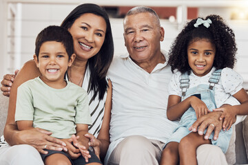 Poster - Love, grandparents or children bond on sofa in house or home living room in trust, security or safety. Family portrait, happy smile or retirement senior elderly man and woman with Mexico boy and girl