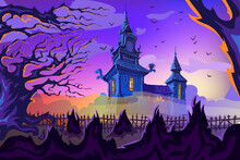 Halloween Fantasy Landscape With Old Haunted Castle And Graveyard In The Foreground. Template For Placards, Banners, Flyers And Party Invitations. Vector Creative Art Illustration. 