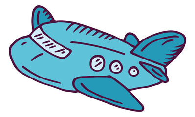 Sticker - Blue plane in childish drawing style. Cute airplane toy