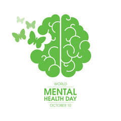 Wall Mural - World Mental Health Day poster with human brain vector illustration. Abstract green human brain with butterflies icon vector isolated on a white background. October 10. Important day