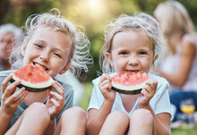 Children, Watermelon And Friends On A Picnic In Nature Eating Healthy Fruit In A Fun Portrait Outdoors In Summer. Smile, Girls And Young Sisters Enjoying Happy Family Holidays At A Park In Australia