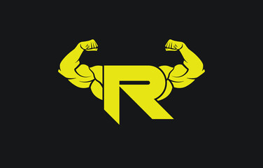 Fitness Gym logo with letter R, bicep flex logo, vector, design, emblem, icon