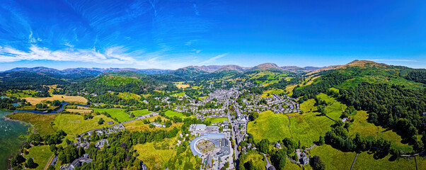 Wall Mural - Aerial view of Waterhead and Ambleside in Lake District, a region and national park in Cumbria in northwest England