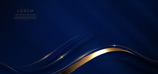 Luxury curve golden lines on dark blue  background with lighting effect and space for text. Luxury design style.