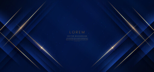 Abstract elegant dark blue background with golden line and lighting effect sparkle. Luxury template design.