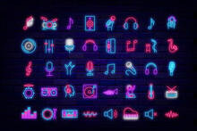 Music Neon Icons Bundle. Stand Up Symbol. Headphone And Notes. Piano, Microphone. Vector Stock Illustration
